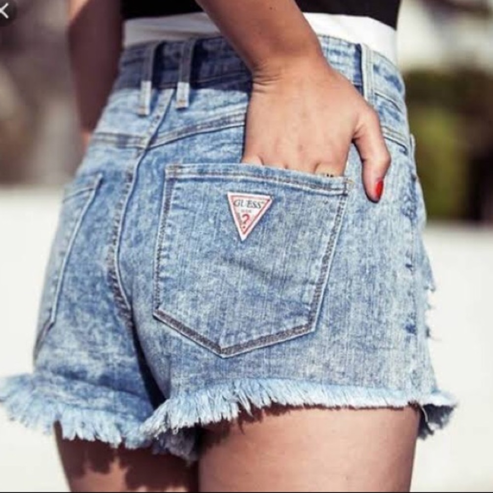 Guess Distressed High Rise raw hem denim shorts